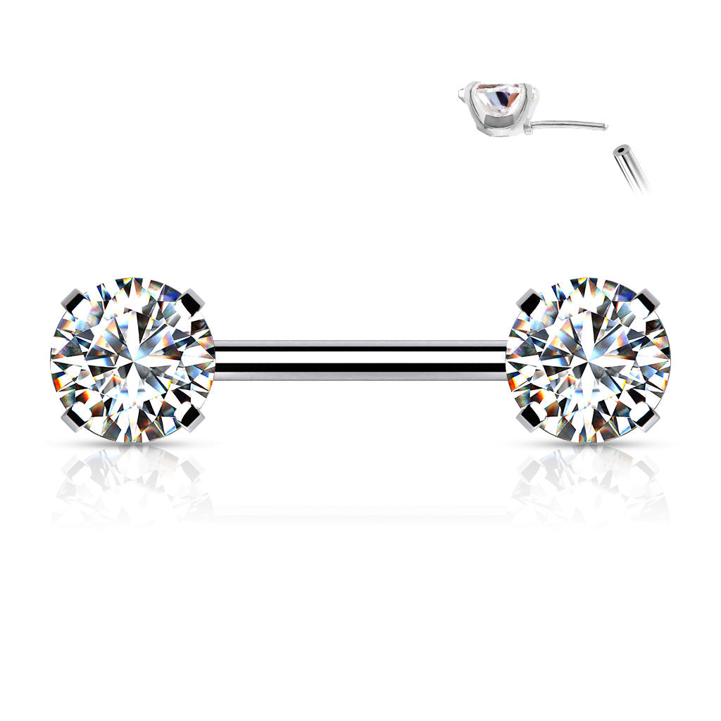 Surgical Steel Threadless Nipple Bar with Prong Set CZ Ends