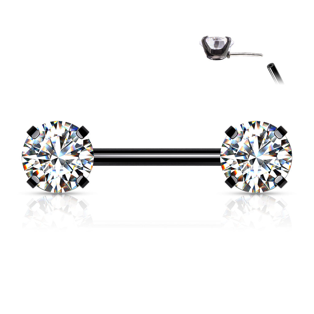 Surgical Steel Threadless Nipple Bar with Prong Set CZ Ends