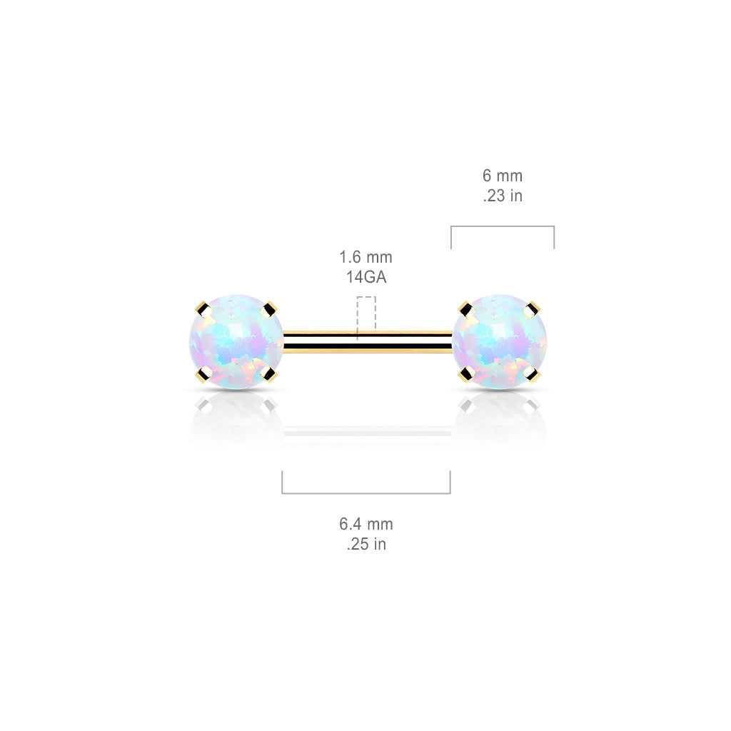 Surgical Steel Threadless Nipple Bar with Prong Set Opal Ends