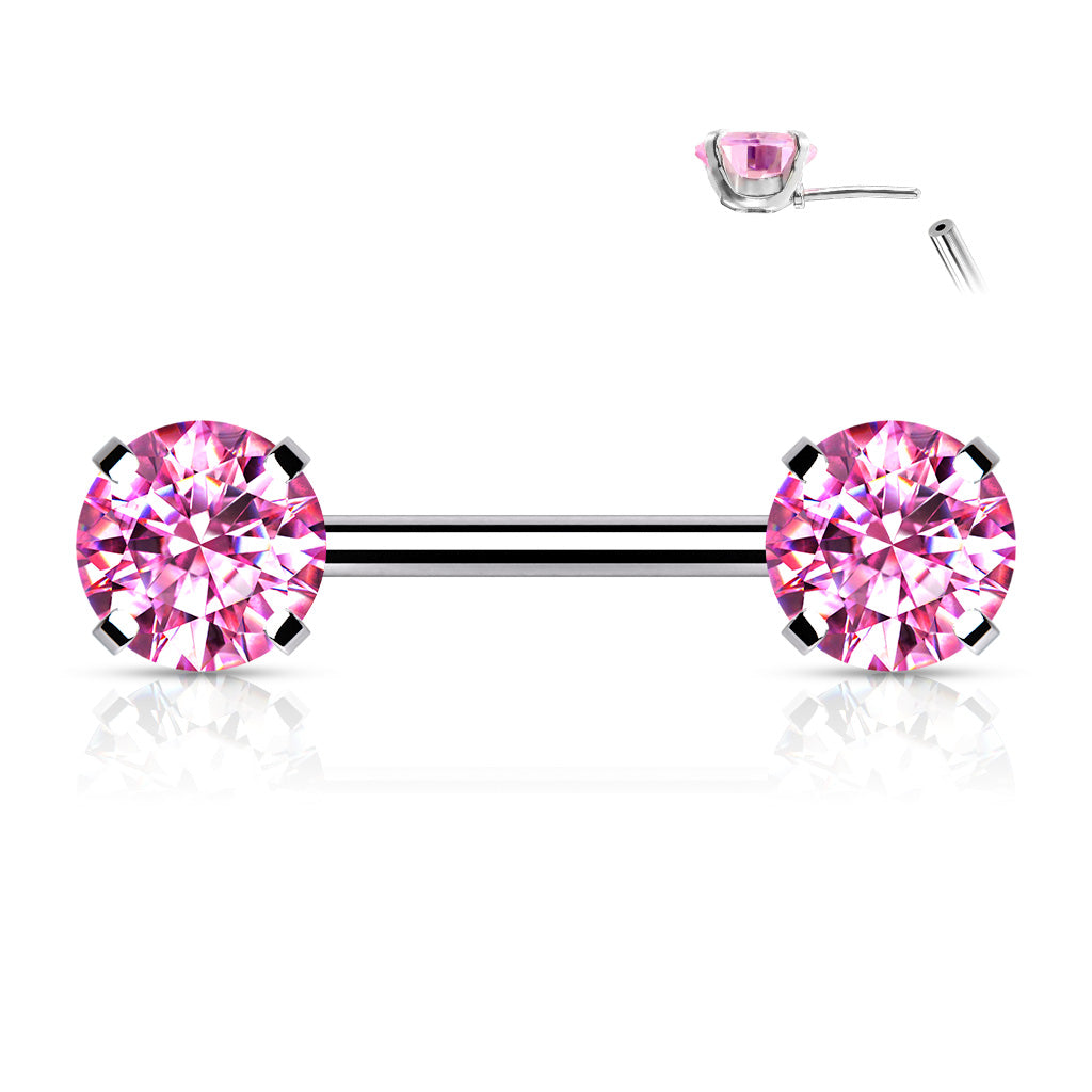 Surgical Steel Threadless Nipple Bar with Prong Set CZ Ends
