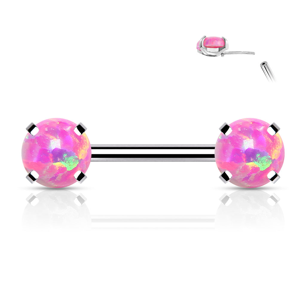 Surgical Steel Threadless Nipple Bar with Prong Set Opal Ends