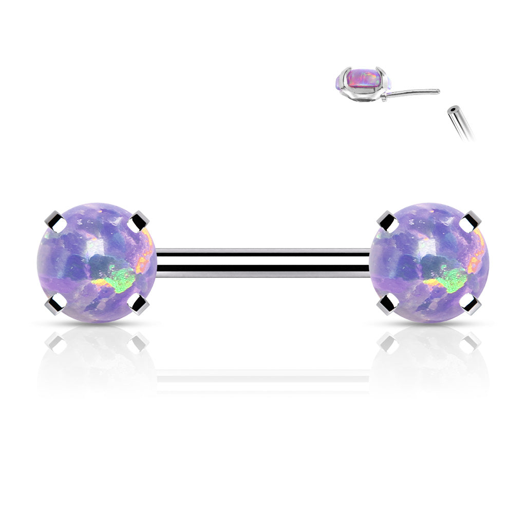 Surgical Steel Threadless Nipple Bar with Prong Set Opal Ends