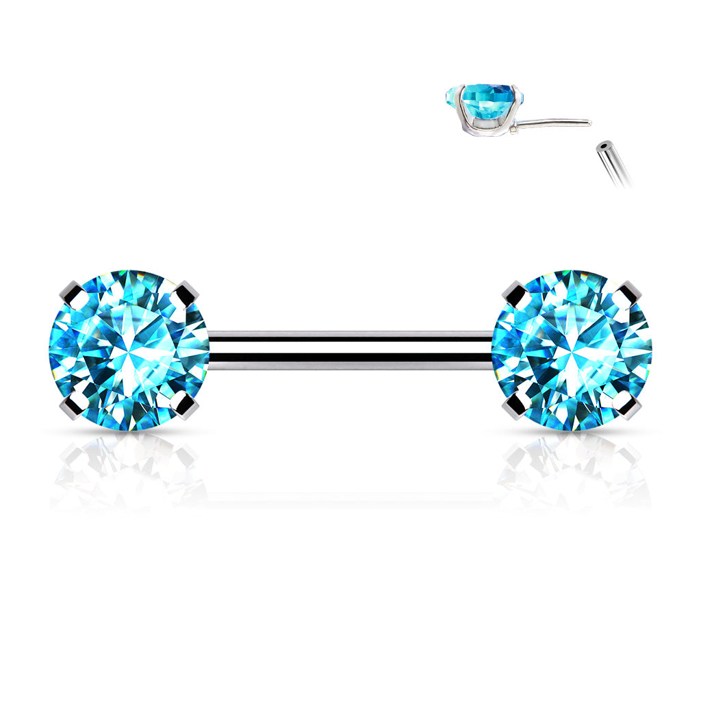 Surgical Steel Threadless Nipple Bar with Prong Set CZ Ends