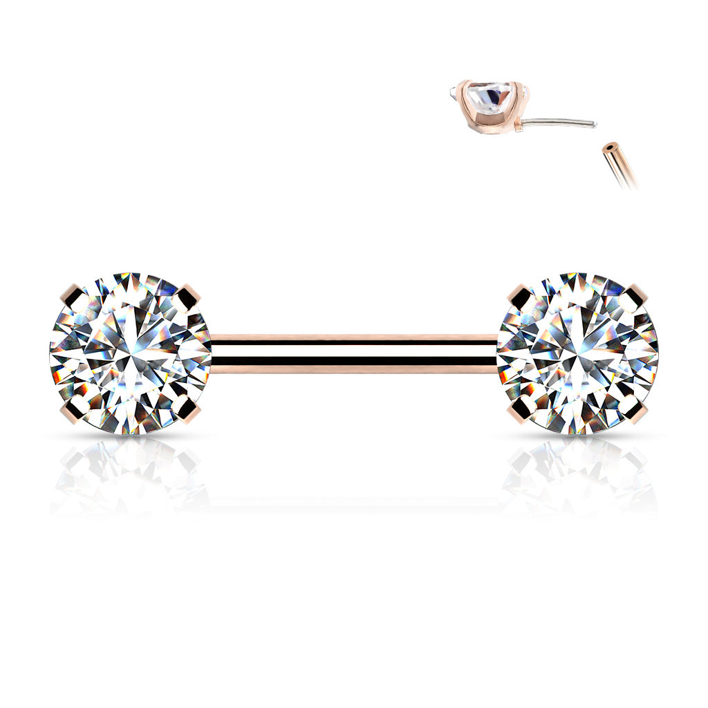 Surgical Steel Threadless Nipple Bar with Prong Set CZ Ends