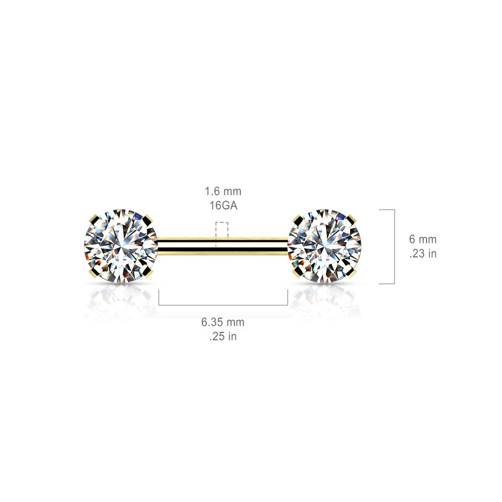 Surgical Steel Threadless Nipple Bar with Prong Set CZ Ends