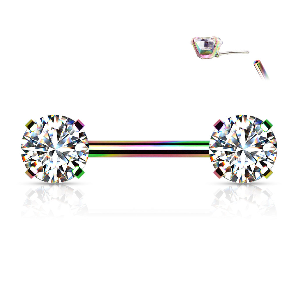Surgical Steel Threadless Nipple Bar with Prong Set CZ Ends