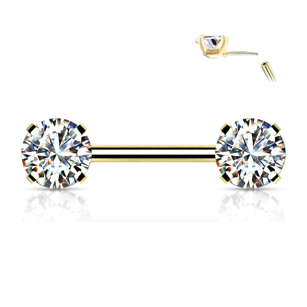 Surgical Steel Threadless Nipple Bar with Prong Set CZ Ends