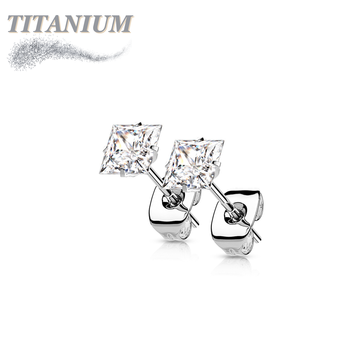 All Titanium Square Prong Set CZ Earrings