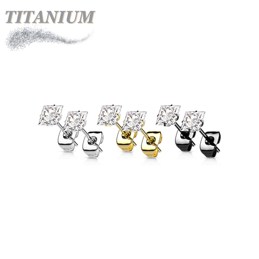 All Titanium Square Prong Set CZ Earrings
