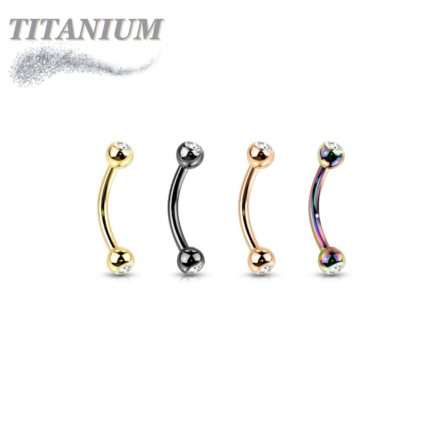 Titanium Colored Curved Barbell with Press Fit CZ Ball Ends External Thread