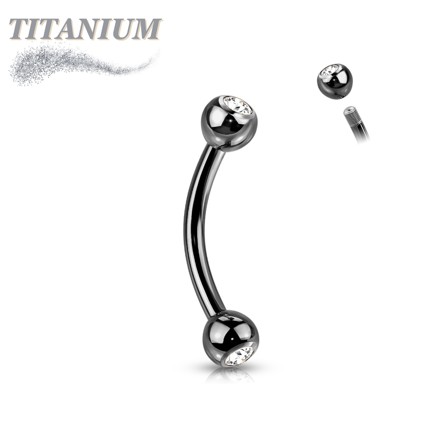 Titanium Colored Curved Barbell with Press Fit CZ Ball Ends External Thread
