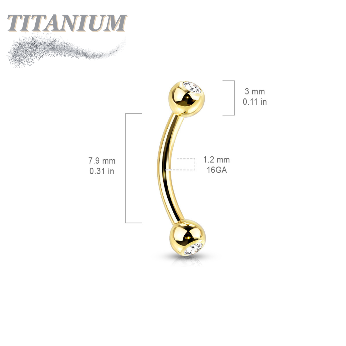 Titanium Colored Curved Barbell with Press Fit CZ Ball Ends External Thread