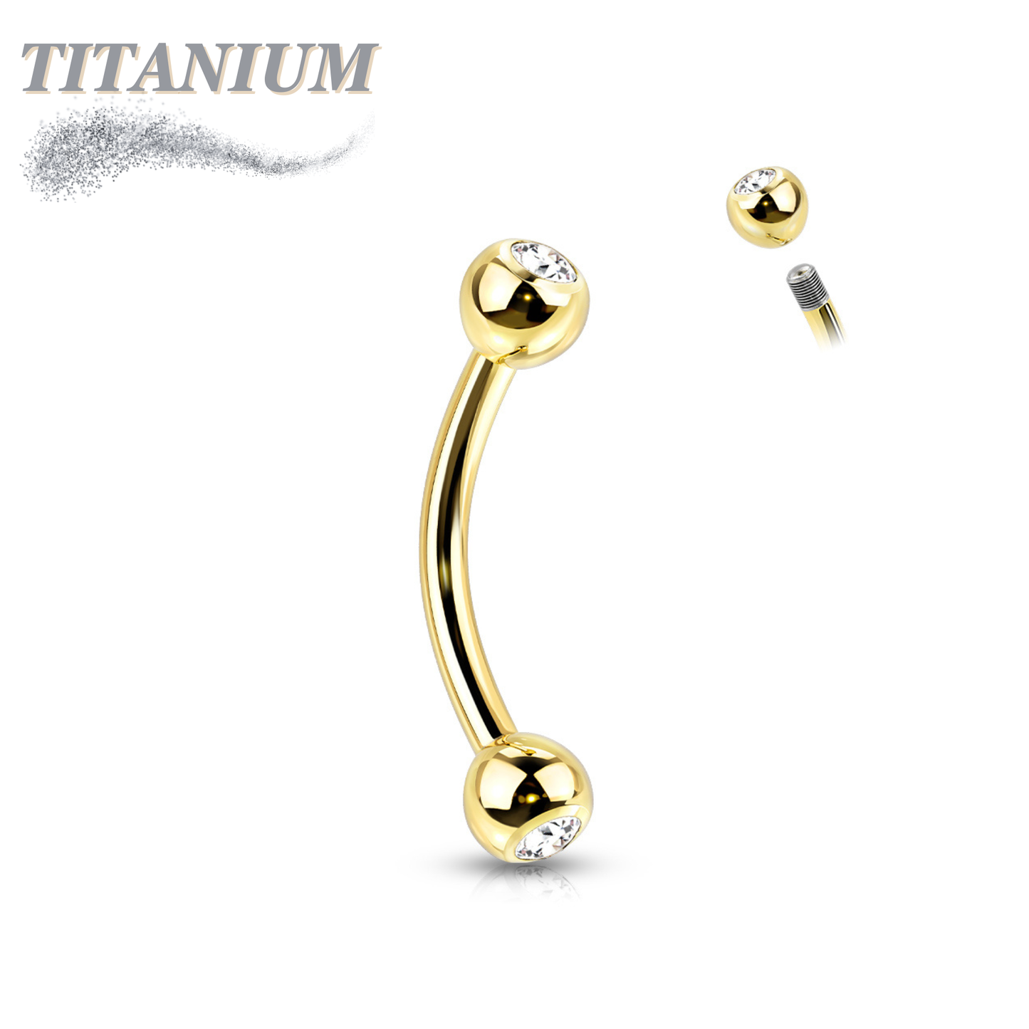 Titanium Colored Curved Barbell with Press Fit CZ Ball Ends External Thread