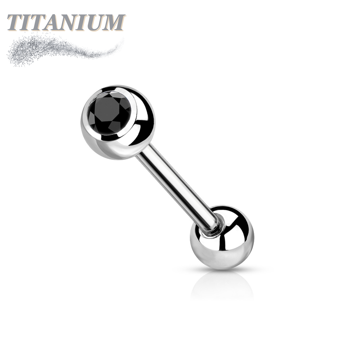 Tongue Titanium Barbell with One Bezel Gem and One Fixed Ball External Thread