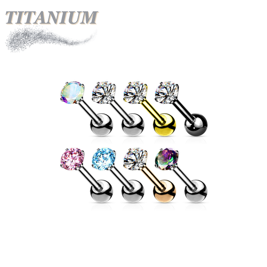 Titanium Cartilage Barbell with Prong Set CZ Externally Threaded