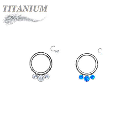 Titanium 3 Gem Front Facing Hinged Ring in CZ or Opal