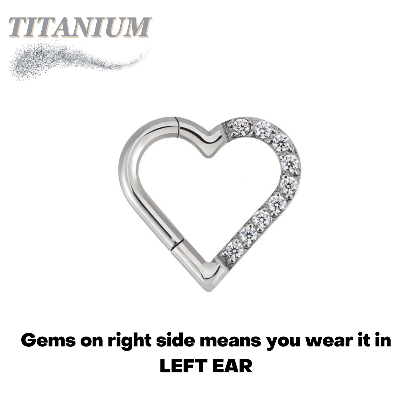 Titanium Hinged Half Paved Heart Ring with Gems for Left and Right Ear