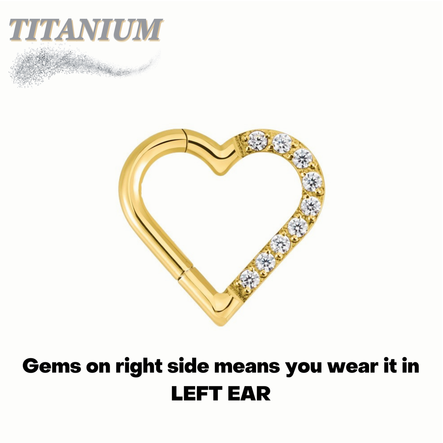 Titanium Hinged Half Paved Heart Ring with Gems for Left and Right Ear