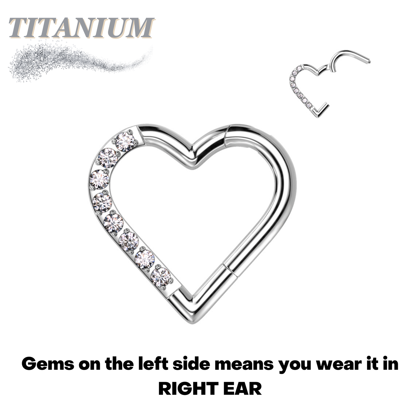 Titanium Hinged Half Paved Heart Ring with Gems for Left and Right Ear