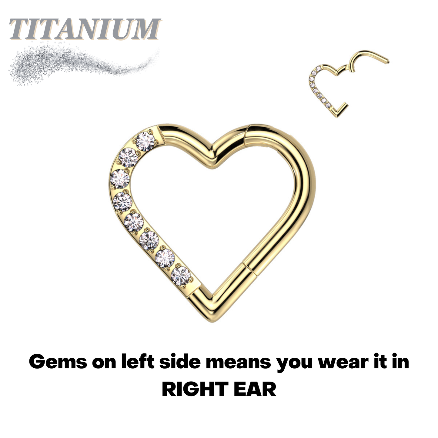 Titanium Hinged Half Paved Heart Ring with Gems for Left and Right Ear