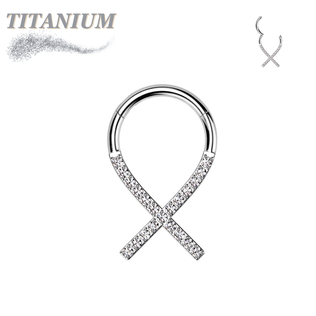 Titanium Hinged Cancer Ribbon Ring Lined with CZ