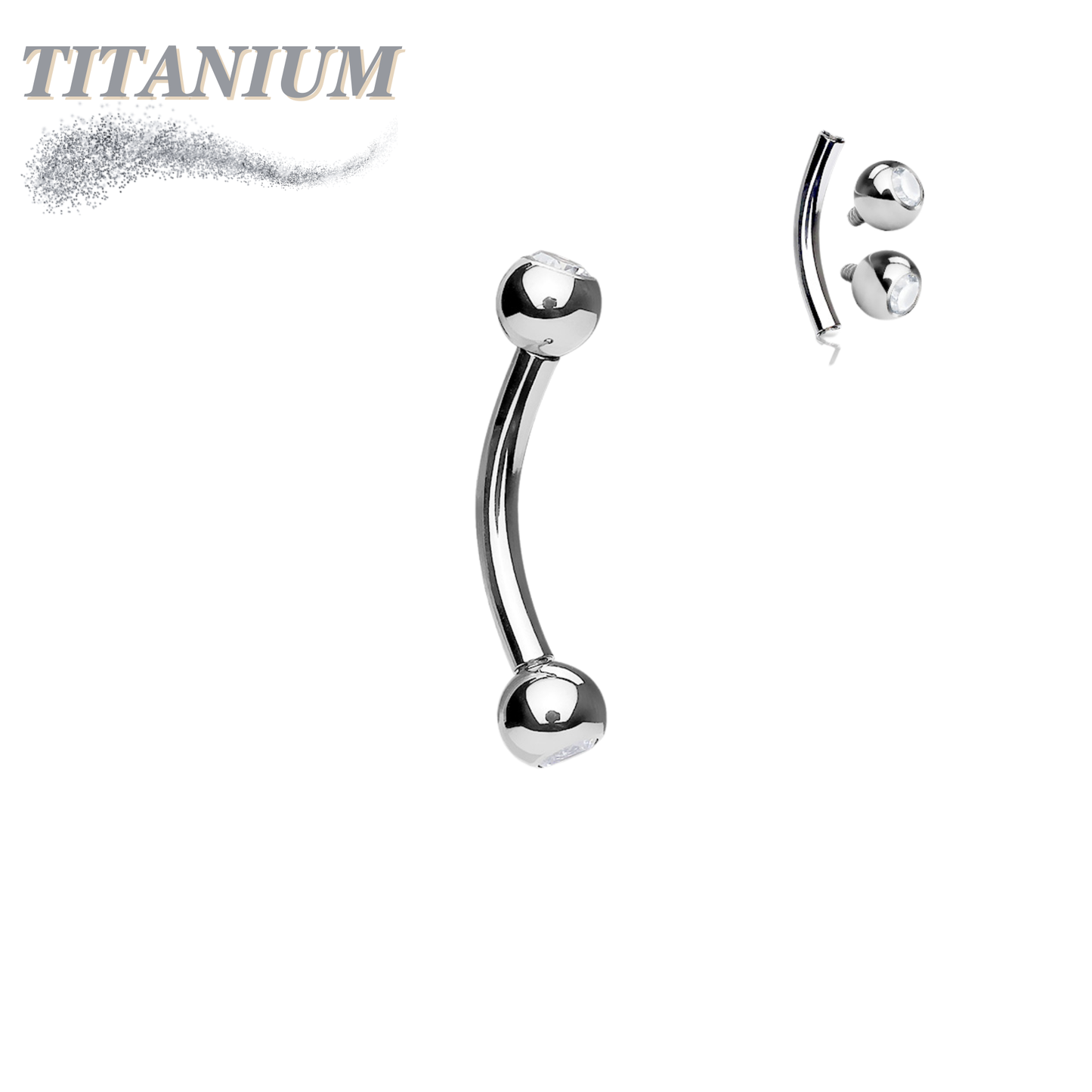 Titanium Curved Barbell Clear Bezel Gem Balls Internal Thread