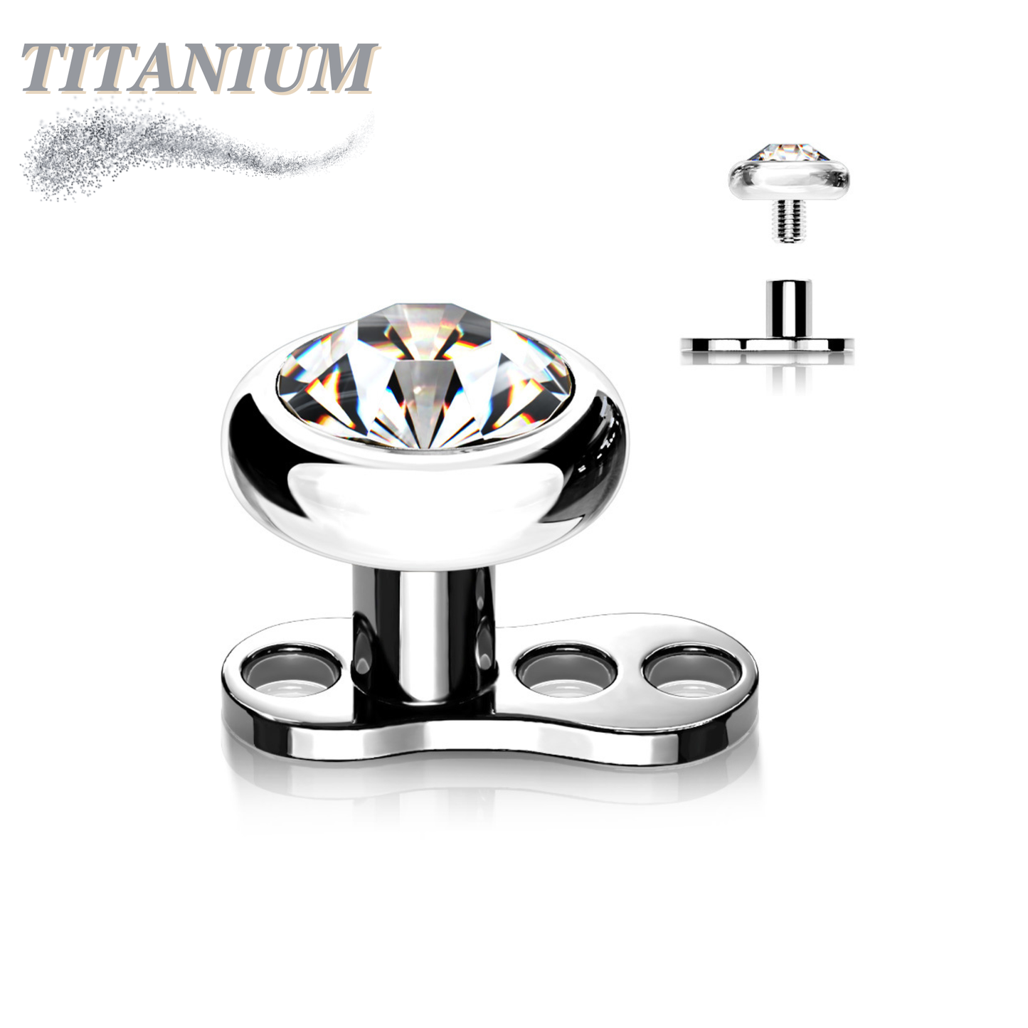 Titanium 3 Hole Dermal Anchor with 2mm Rise and Titanium Flat Round Crystal Top