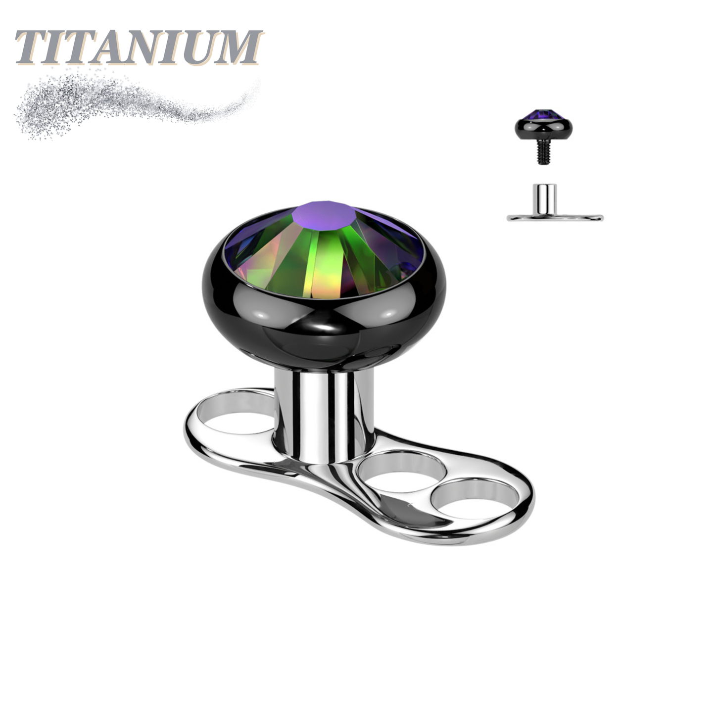 Titanium 3 Hole Dermal Anchor with 2mm Rise and Titanium Flat Round Crystal Top