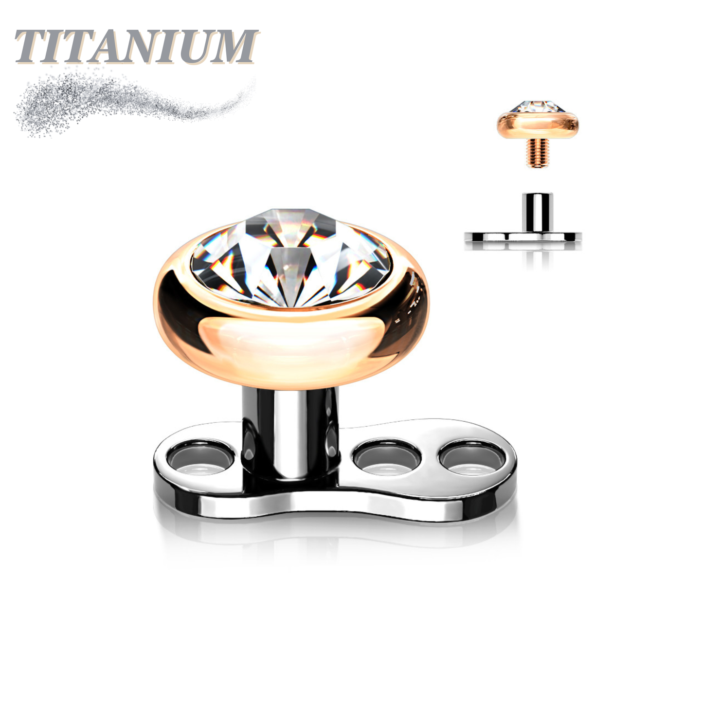 Titanium 3 Hole Dermal Anchor with 2mm Rise and Titanium Flat Round Crystal Top