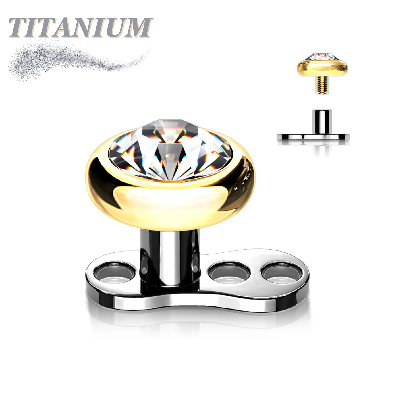 Titanium 3 Hole Dermal Anchor with 2mm Rise and Titanium Flat Round Crystal Top