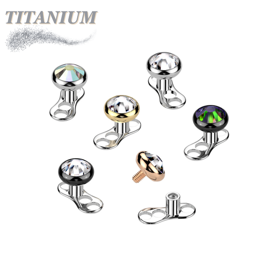 Titanium 3 Hole Dermal Anchor with 2mm Rise and Titanium Flat Round Crystal Top