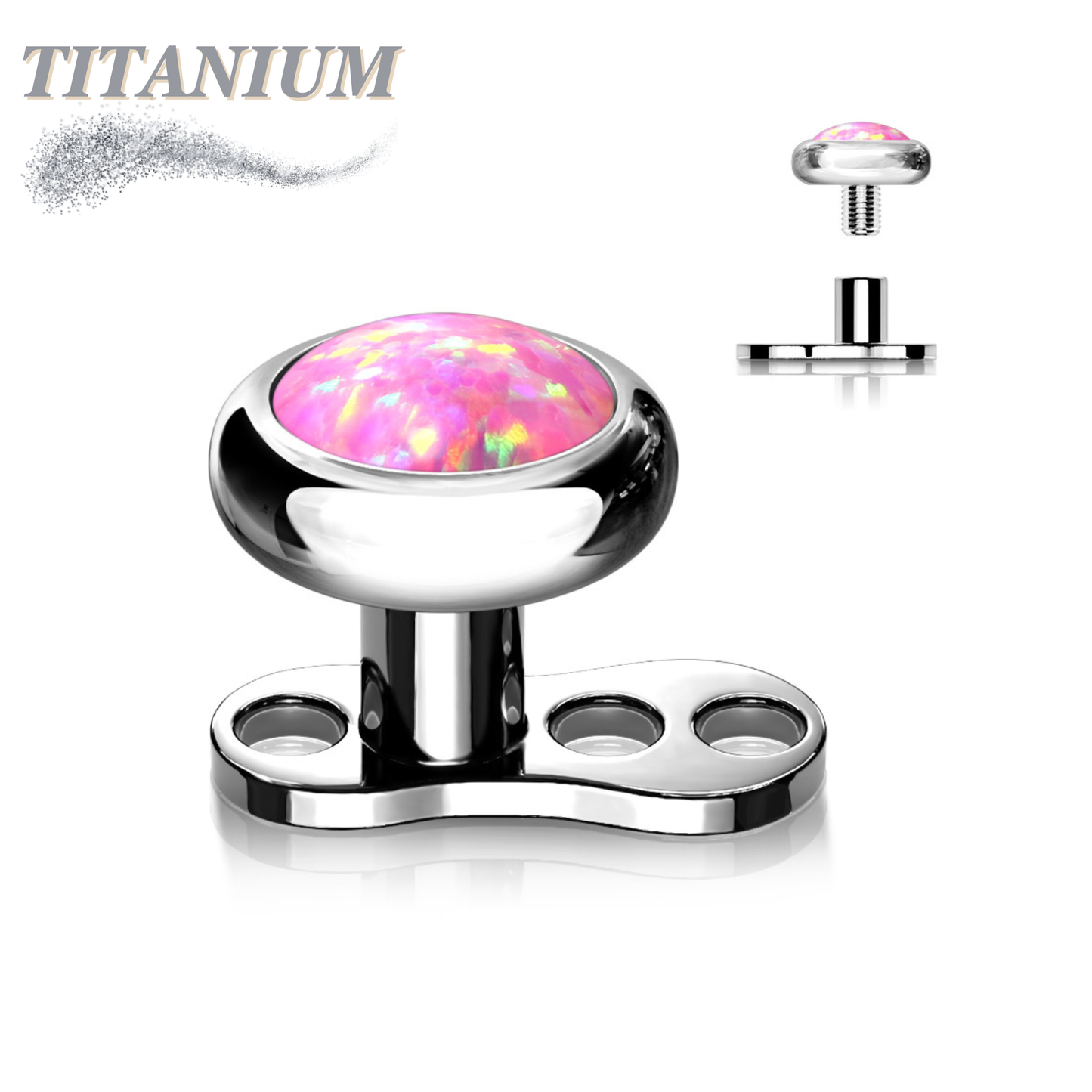 Titanium 16G 3 Hole Dermal Anchor with 2mm Rise and Titanium Flat Round 4mm Opal Top