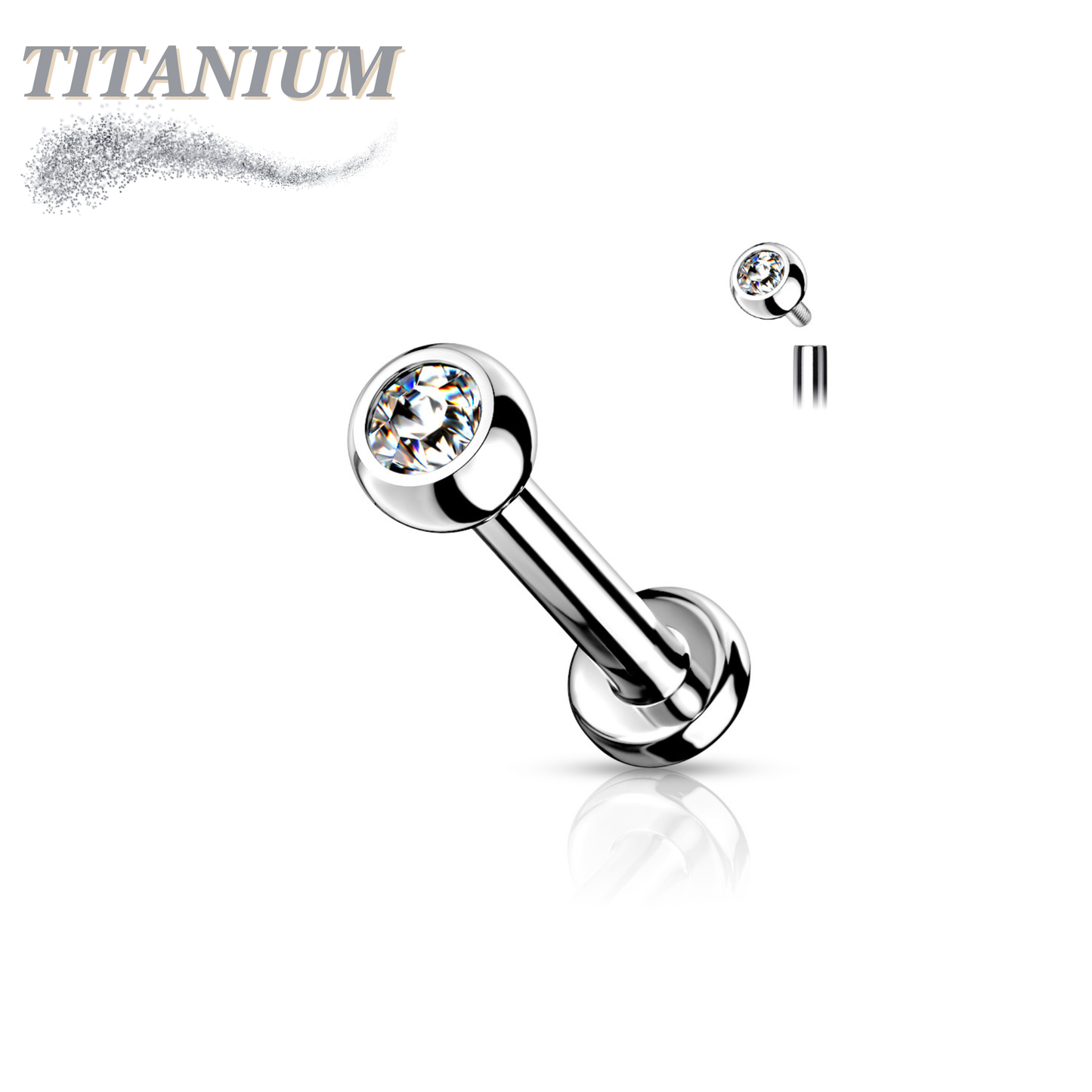 Internally Threaded Titanium Labret with CZ Bezel Set Ball