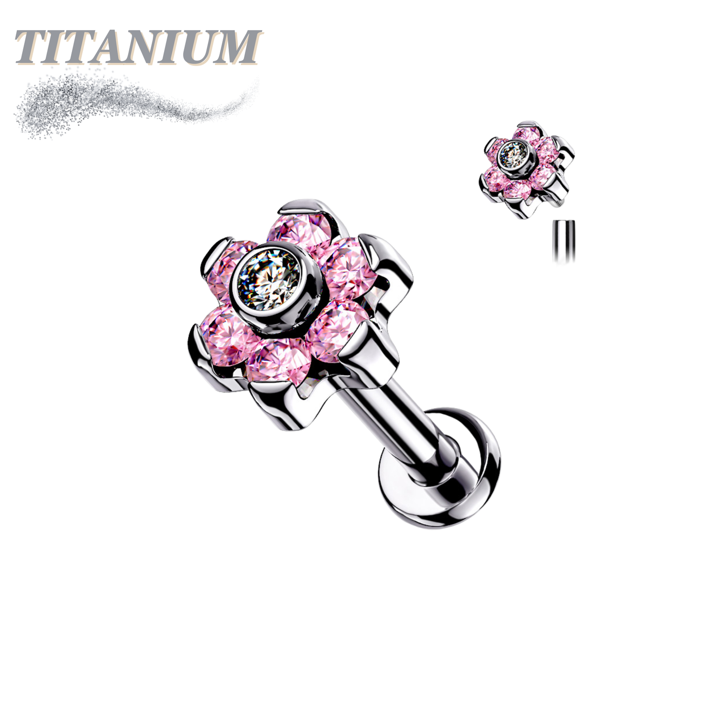 Titanium CZ Set Flower Top Internal Thread Labret