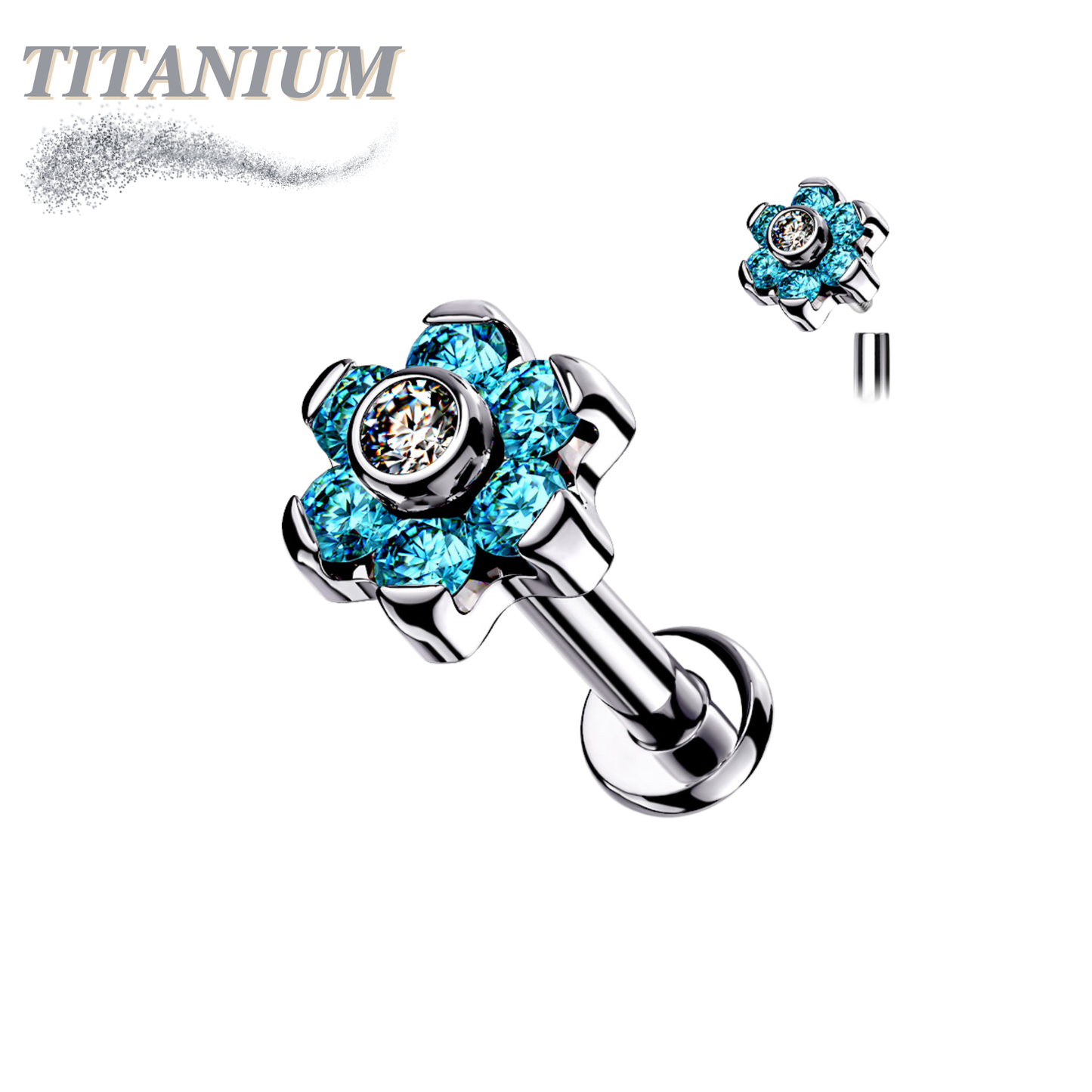 Titanium CZ Set Flower Top Internal Thread Labret