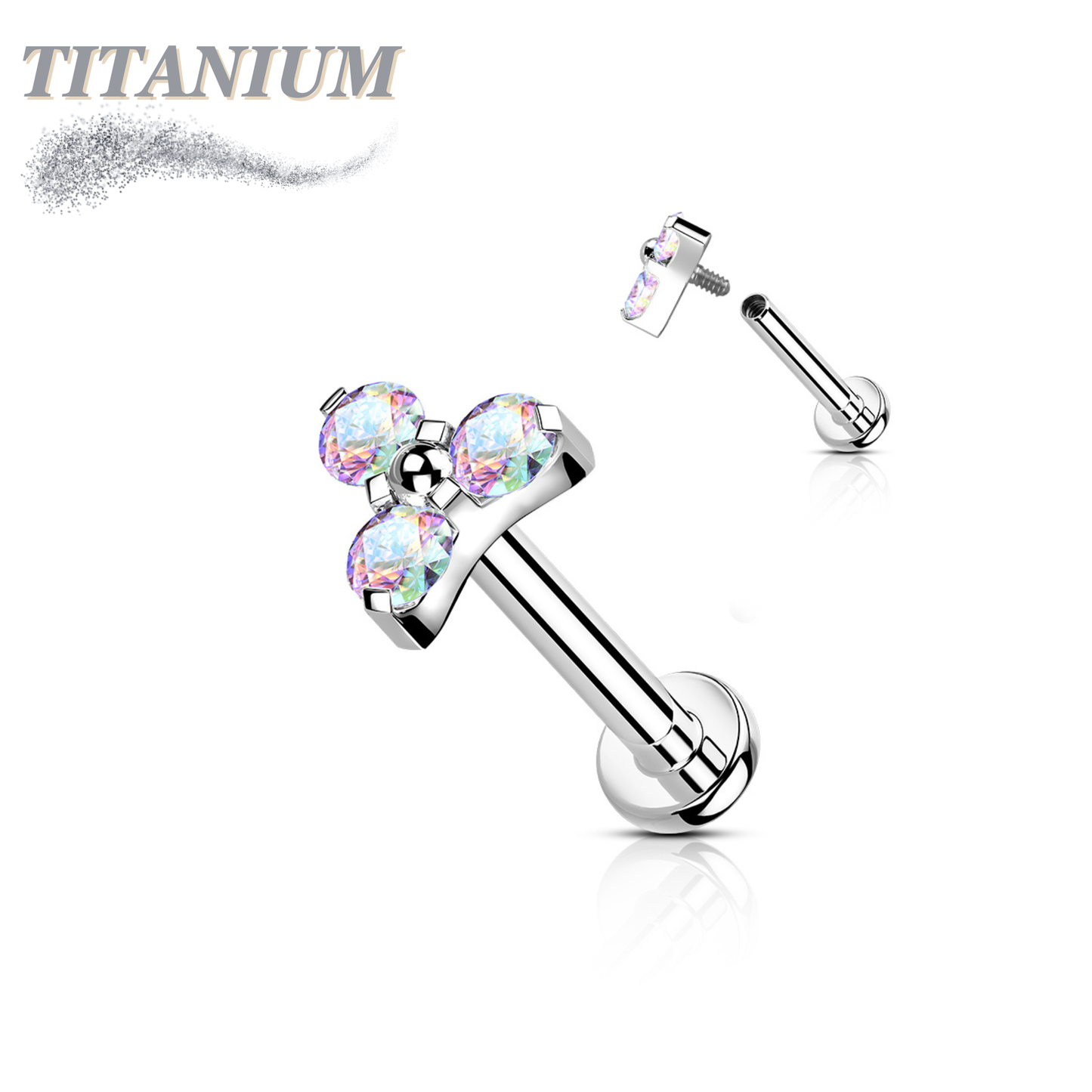 Titanium Internal Thread Opal or CZ Trinity Triangle Labret