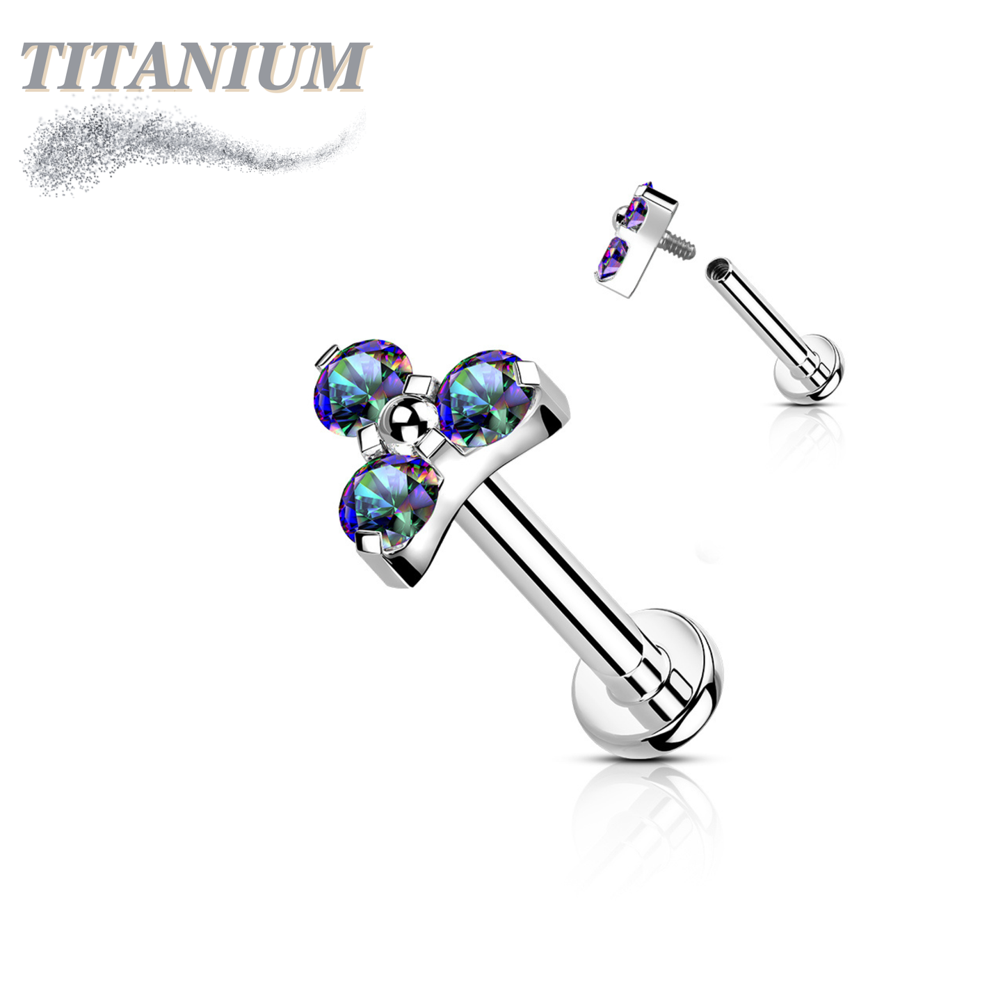 Titanium Internal Thread Opal or CZ Trinity Triangle Labret