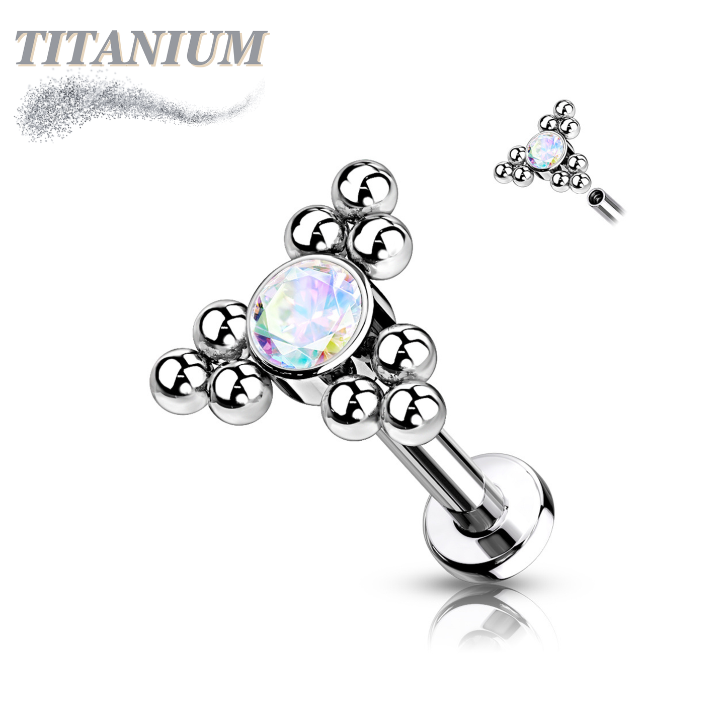 Titanium Internal Thread Labret Single CZ with Triple Ball Clusters