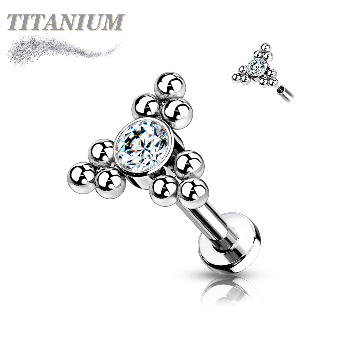 Titanium Internal Thread Labret Single CZ with Triple Ball Clusters