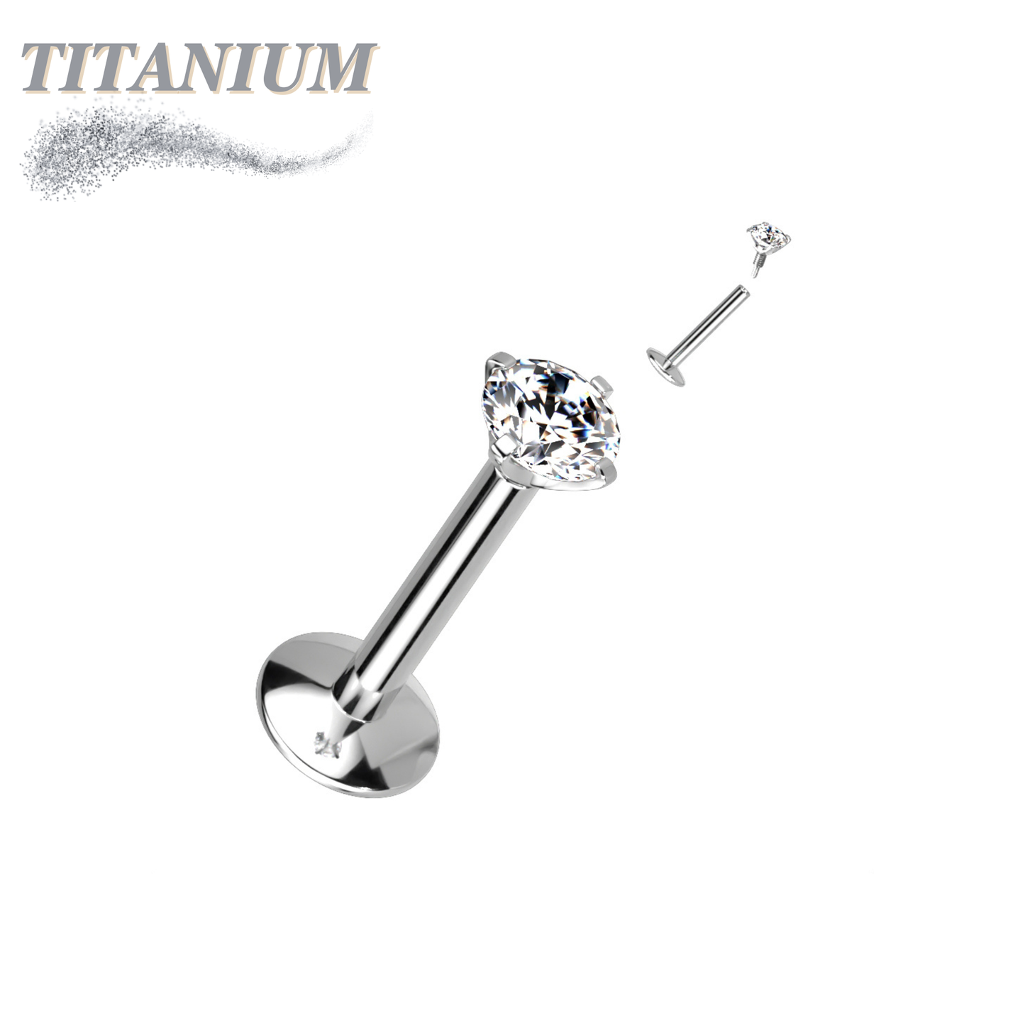 EASY FIT Titanium Internal Thread Prong CZ Labret with Extended Threading