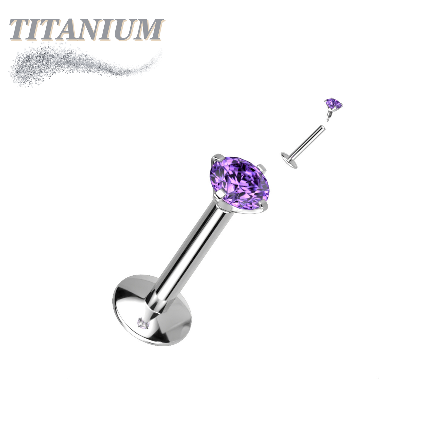EASY FIT Titanium Internal Thread Prong CZ Labret with Extended Threading