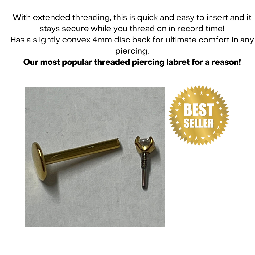 Pre-Sterilized EASY FIT Titanium Internal Thread Prong CZ Labret with Extended Threading