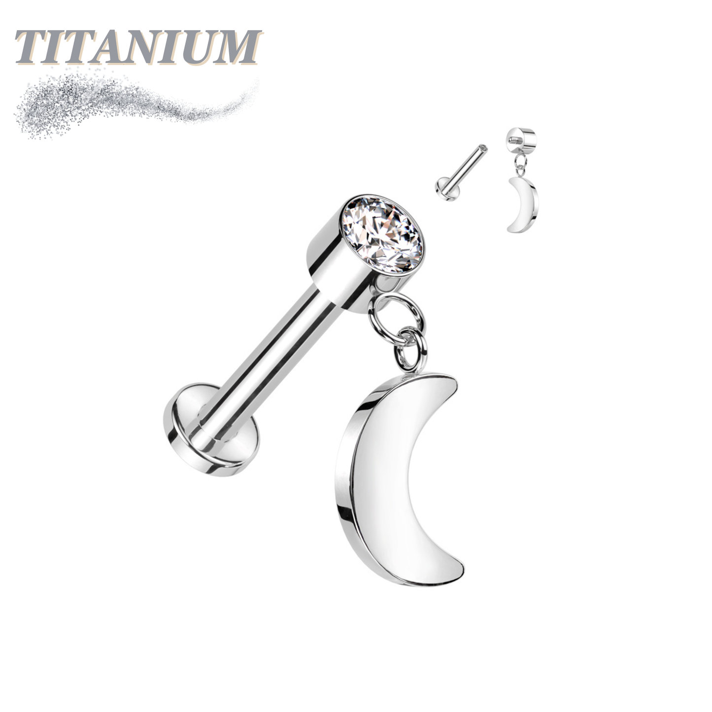 Titanium Internal Thread Labret with CZ and Crescent Moon Dangle