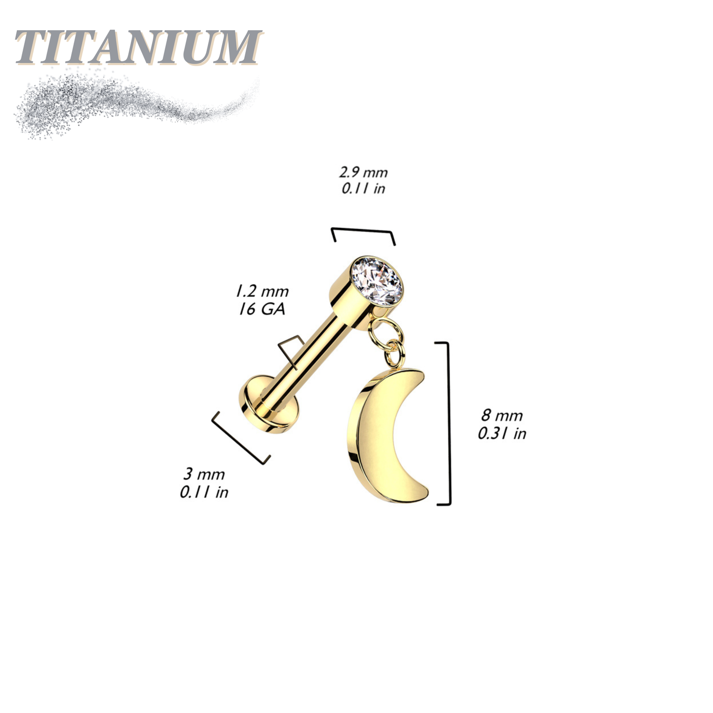 Titanium Internal Thread Labret with CZ and Crescent Moon Dangle