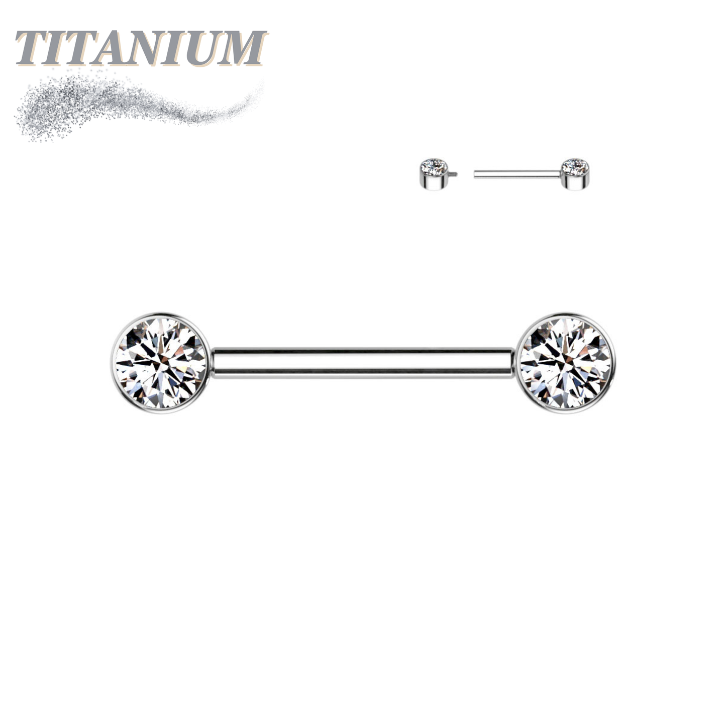Titanium Nipple Barbell with Forward Facing CZ Bezel Set Internally Threaded Ends