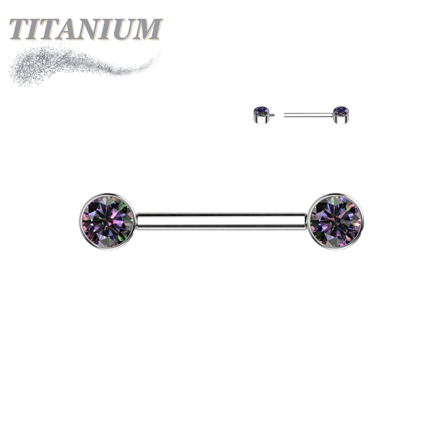 Titanium Nipple Barbell with Forward Facing CZ Bezel Set Internally Threaded Ends