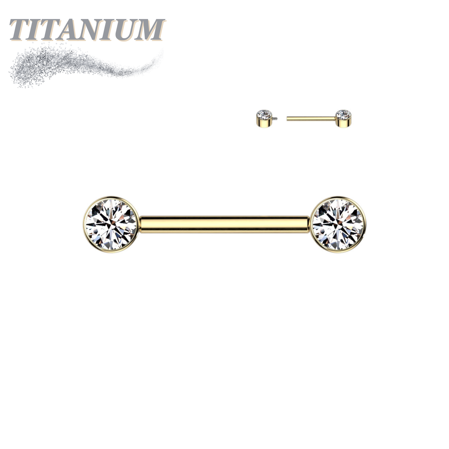Titanium Nipple Barbell with Forward Facing CZ Bezel Set Internally Threaded Ends