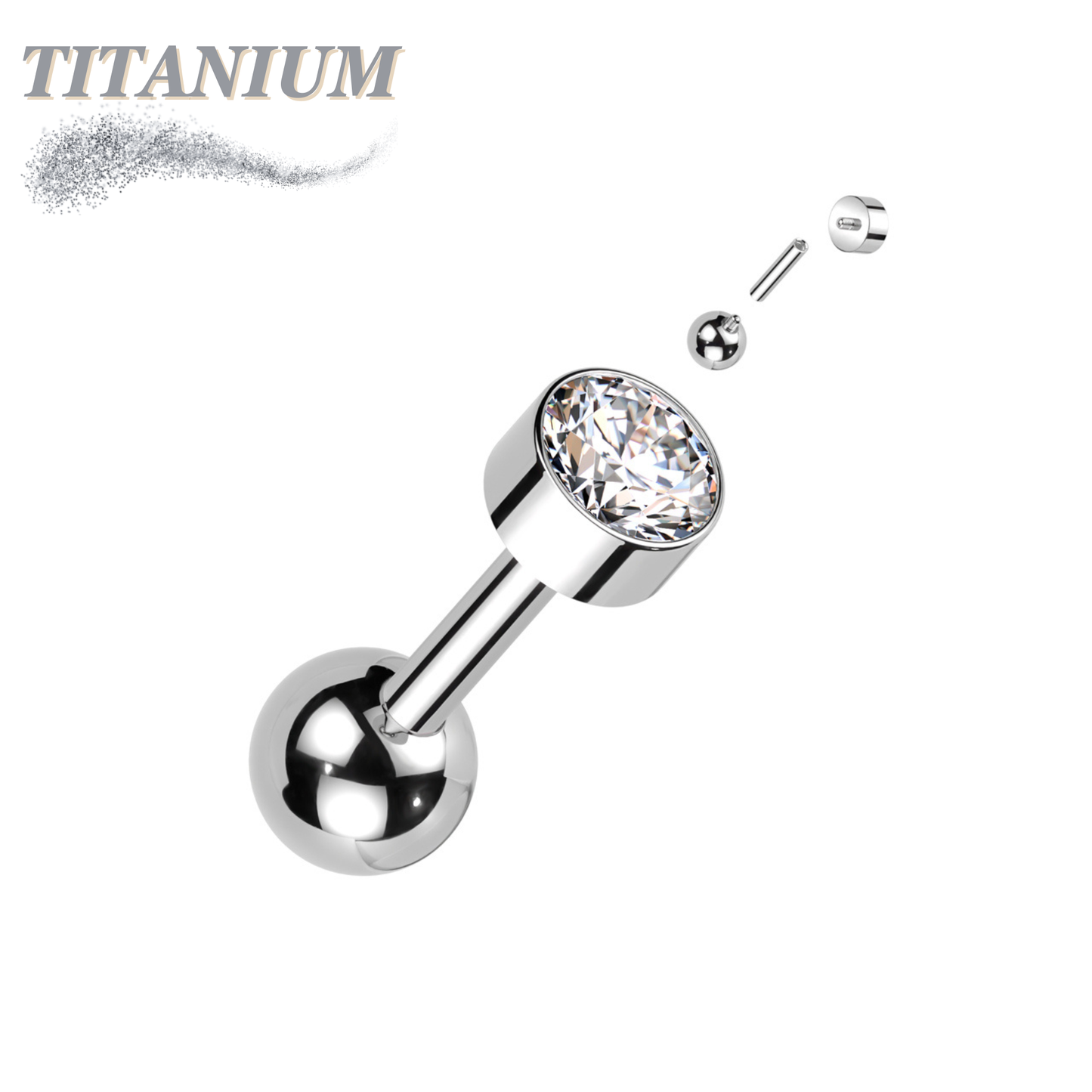 Titanium Cartilage Barbell with Premium Round Bezel Set CZ Internal Thread