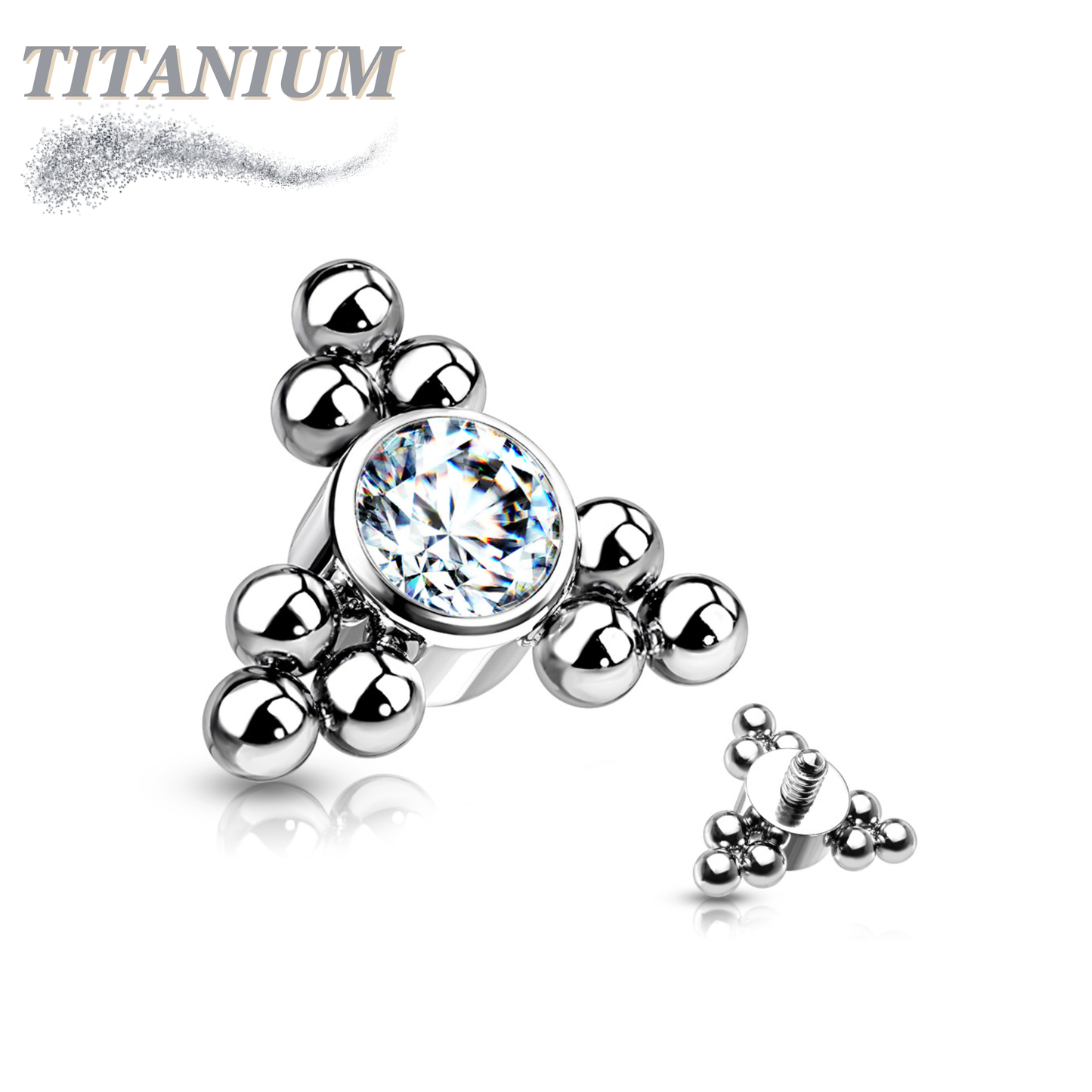 Internal Thread Titanium Single CZ with Triple Ball Clusters Top