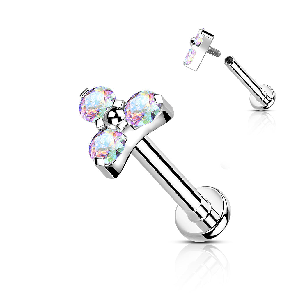 Titanium Internal Thread Opal or CZ Trinity Triangle Labret